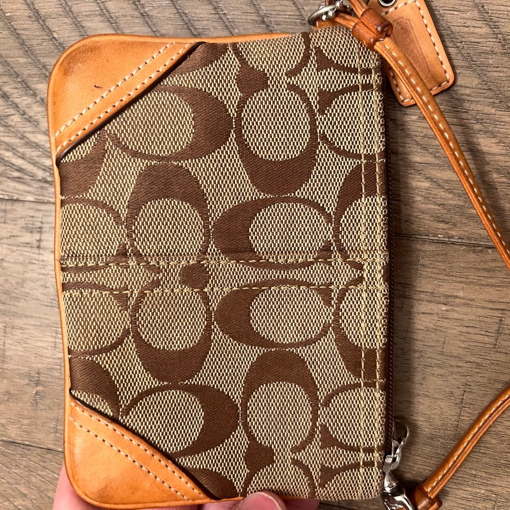 Coach Monogram Canvas Wristlet in Brown and Tan
